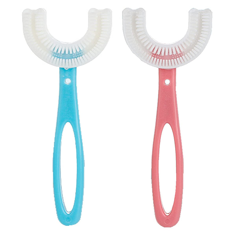 [Australia] - ZALUJMUS 2 Set Kids U-Shaped Whole Mouth Teeth Brush, Silicone Bristles Massage Gums, All-Round Cleaning, Manual (6-12Y, Blue+Pink) 6-12Y 