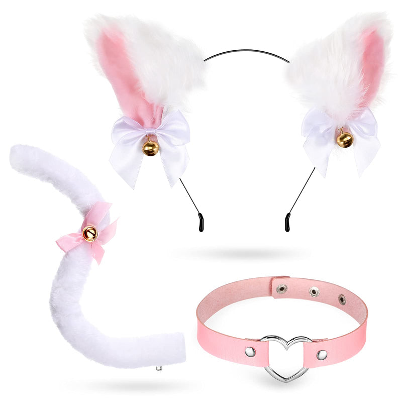 [Australia] - 3 Pieces Cat Ear Fox Hairband Set, Includes Cat Ear Headband, Heart Choker and Cat Tail with Bells, for Women Girls Halloween Cosplay Costume Anime Fancy Dress (White, Pink) White, Pink 