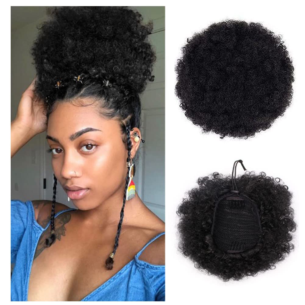 [Australia] - Synthetic Afro Puff Drawstring Ponytail Short Kinky Curly Hair Bun Extension Clip in Ponytail Hairpieces Short Curly Updo Hair Afro Bun Afro Chignon for Women Lady Girls (Black 8Inch) 