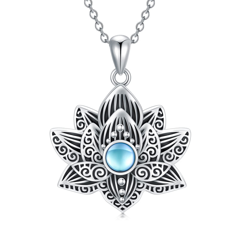 [Australia] - VENACOLY Lotus Moonstone Necklace Sterling Silver Lotus Flower Pendant Vintage Spiritual Jewellery Gifts for Women 