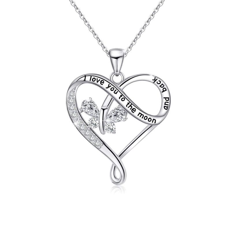 [Australia] - Butterfly Necklace 925 Sterling Silver I Love You To The Moon and Back Heart Butterfly Pendant Love Heart Jewellery Butterfly Gifts for Women 