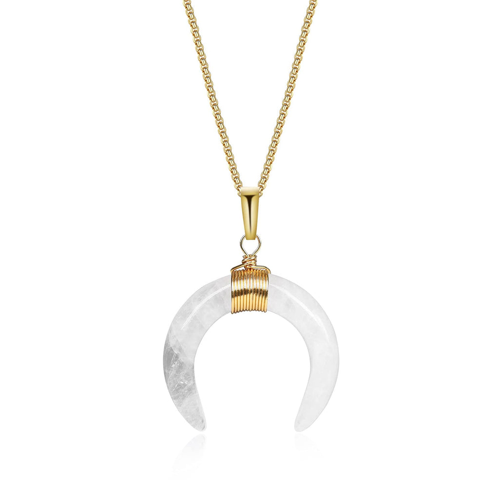 [Australia] - coai Double Horn Crescent Moon Agate Stone Necklace Clear Quartz 