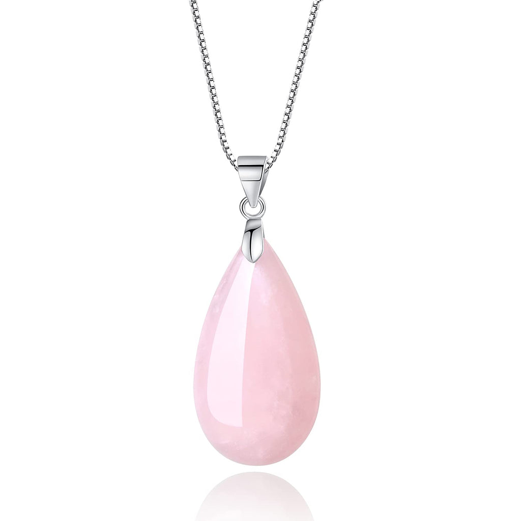 [Australia] - coai 925 Sterling Silver Teardrop Stone Necklace for Women Girls Rose Quartz 