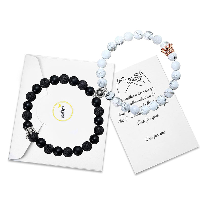 [Australia] - Couple Magnetic Attraction Bracelets Sets for 2 Nature Stone Beaded Crown Matching Distance Relationship Bracelets for Him Her White Black 