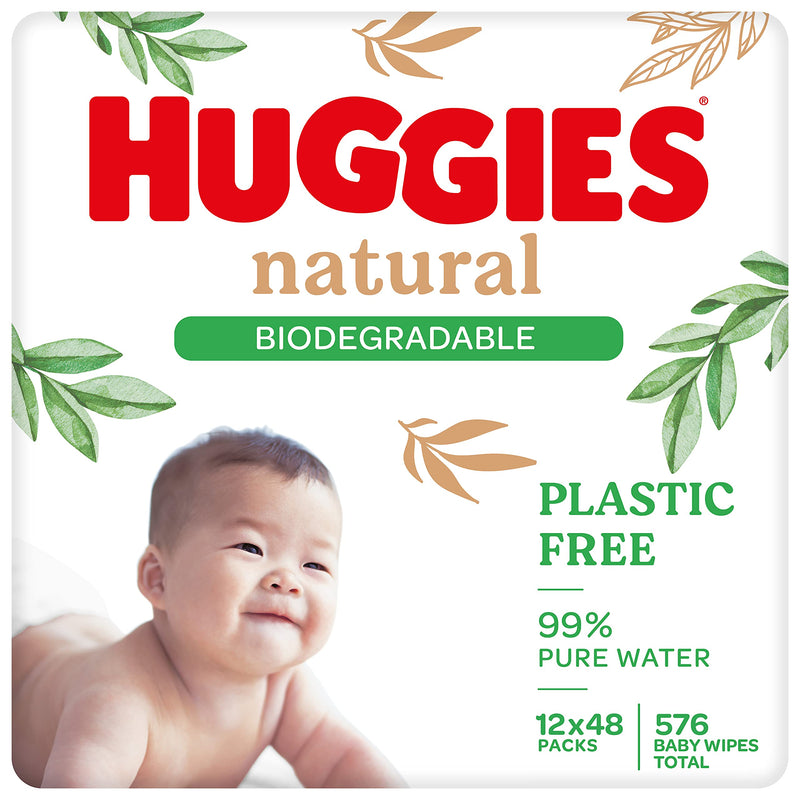 [Australia] - Huggies Natural Care, Baby Wipes - 12 Packs (576 Wipes Total) - Biodegradable Wet Wipes in Recyclable Packaging - 99 Percent Pure Water and Fragrance Free Natural Bio line 48 Count (Pack of 12) 