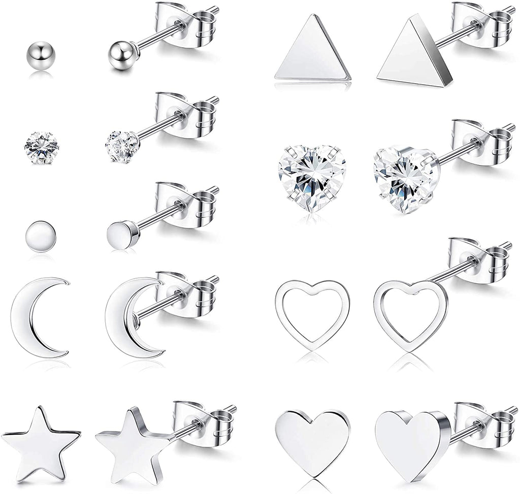 [Australia] - Milacolato 6-9 Pairs Stud Earrings Surgical Steel Dainty Small Heart Moon and Star Earrings Minimalist Geometric CZ Silver Ball and Triangle Earrings Sets for Women Men 9Pairs 