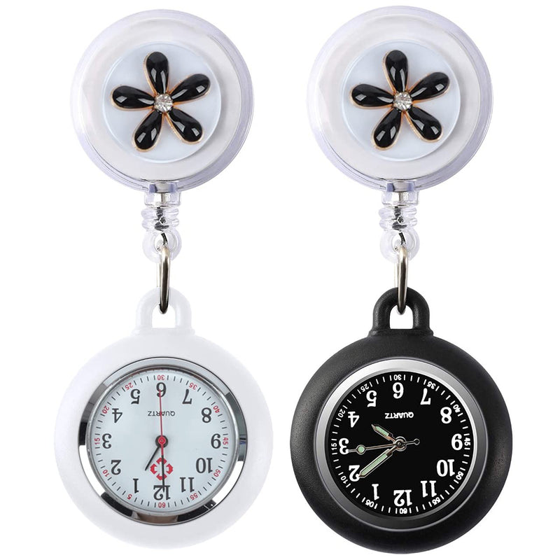 [Australia] - Retractable Nurse Fob Watch for Nurses Doctors Paramedics, 2 Pcs Luminous Clip-on Hanging Lapel Pocket Watches with Cute Flower Pattern, Pointer Glow in Dark 