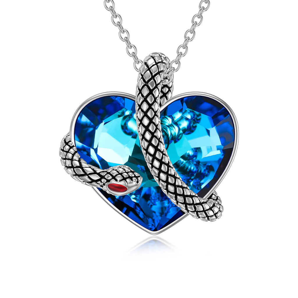 [Australia] - URONE Sterling Silver Snake Heart Pendant Necklace for women with Blue Crystal from Austria Snake Pendant Necklace 18+2inch Jewellery Gifts for Wife Mum Girlfriend 