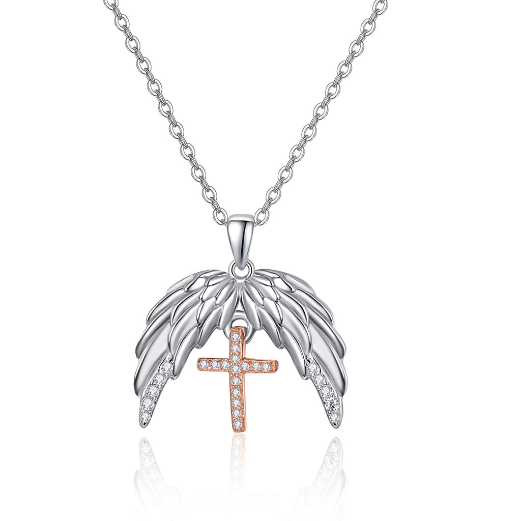 [Australia] - Guardian Angel Wings Feather Necklace Cross 925 Sterling Silver Pendant with Sparkle Cubic Zirconia Jewellery Gift for Women Girls A-wings cross necklace 