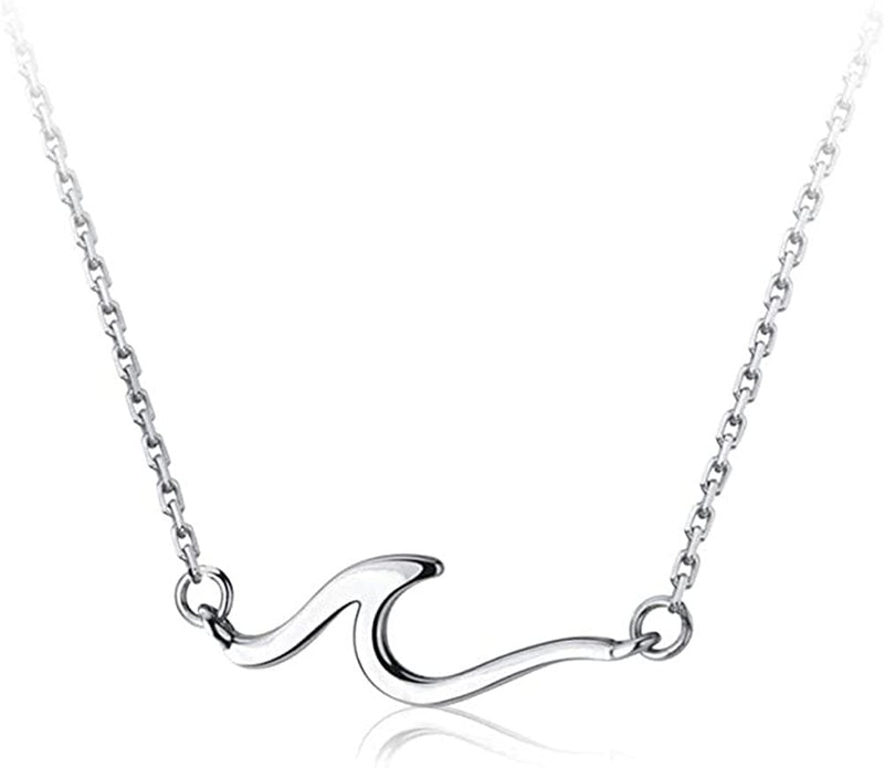 [Australia] - Ocean Wave Necklace for Women Teen Girls Kids 925 Sterling Silver 18K White Gold Plated Minimalist Line Pendant Choker Necklace Adjustable Chain 18" Sea Beach Summer Jewelry Gift for Surfer Lover 