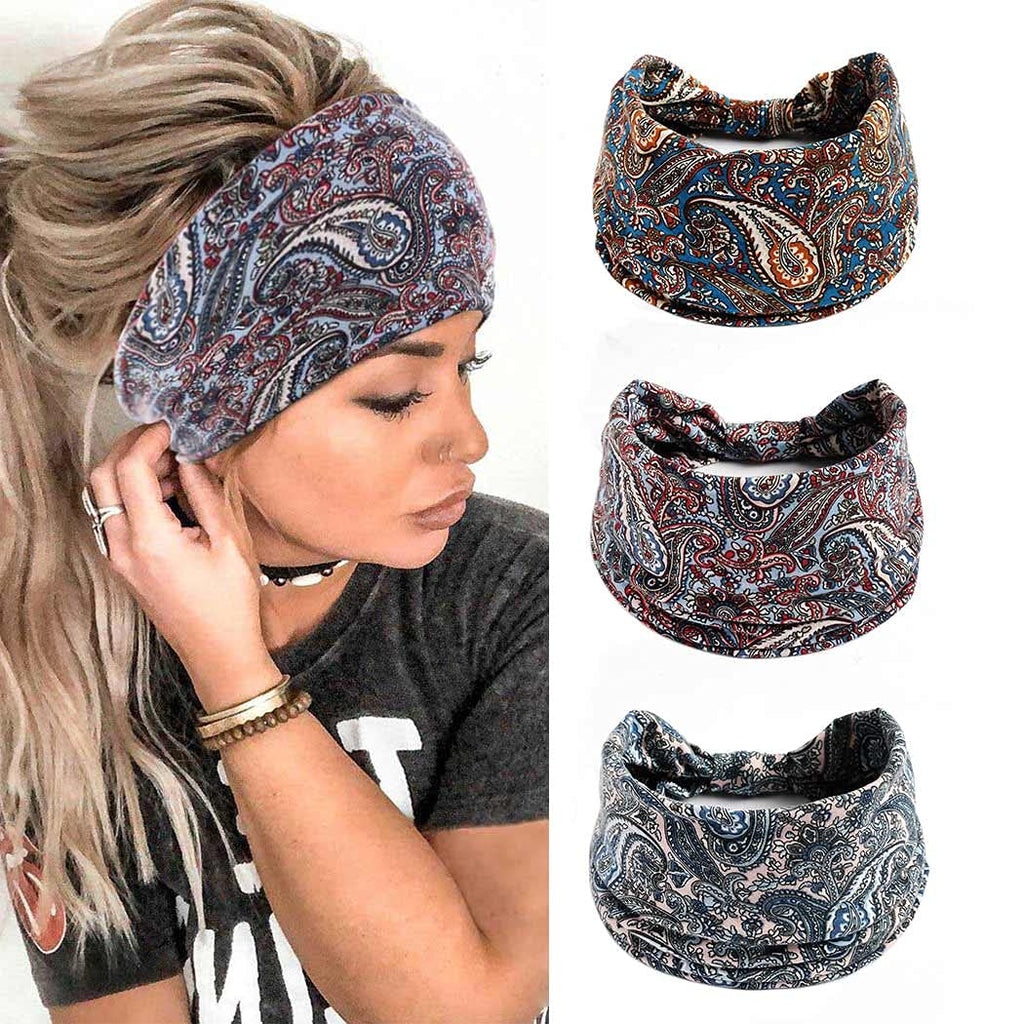 [Australia] - Yean Wide Headband Vintage Headscrafs Flower Hair Band Cloth Elastic Yoga Knoted Turban Head Accessories for Women and Girls(Pack of 3) 