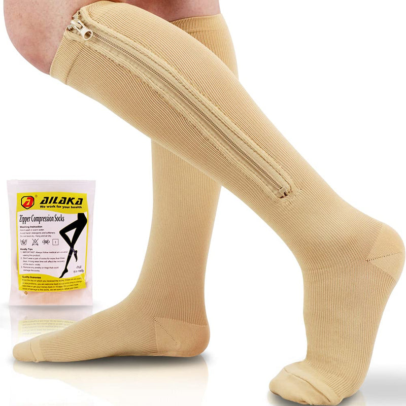 [Australia] - Ailaka 15-20 mmHg Zipper Compression Socks for Women Men, Closed Toe Support Graduated Medical Varicose Veins Hosiery, Perfect for Athletics, Running, Flight Travel, Support, Edema, Pregnancy Small/Medium (1 Pair) Beige 