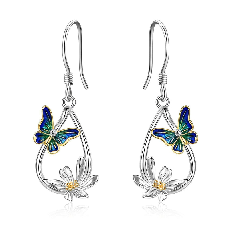 [Australia] - 925 Sterling Silver Cat/Dolphin/Penguin/Butterfly Earrings with Daisy Flower Sterling Silver Dangle Drop Animal Earrings Jewelry Gifts for Women Teen Girls Butterfly necklace 