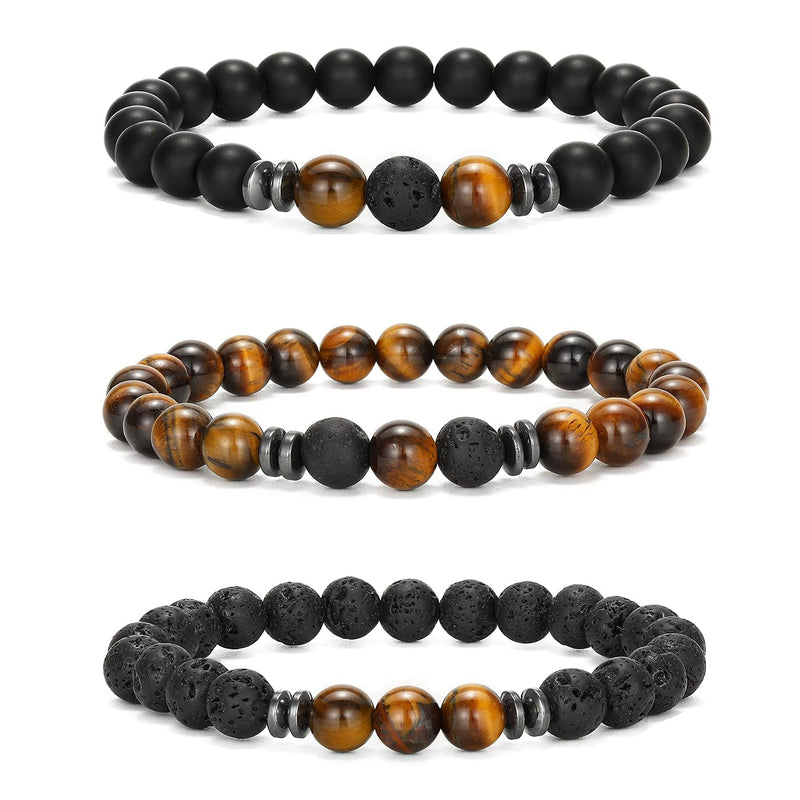 [Australia] - Senteria 3-6 Pcs 8mm Bead Bracelet for Men Women Tiger Eye Bracelet Natural Stone Bracelet Mala Agate Yoga Elatics Bracelet for Men 3pc 