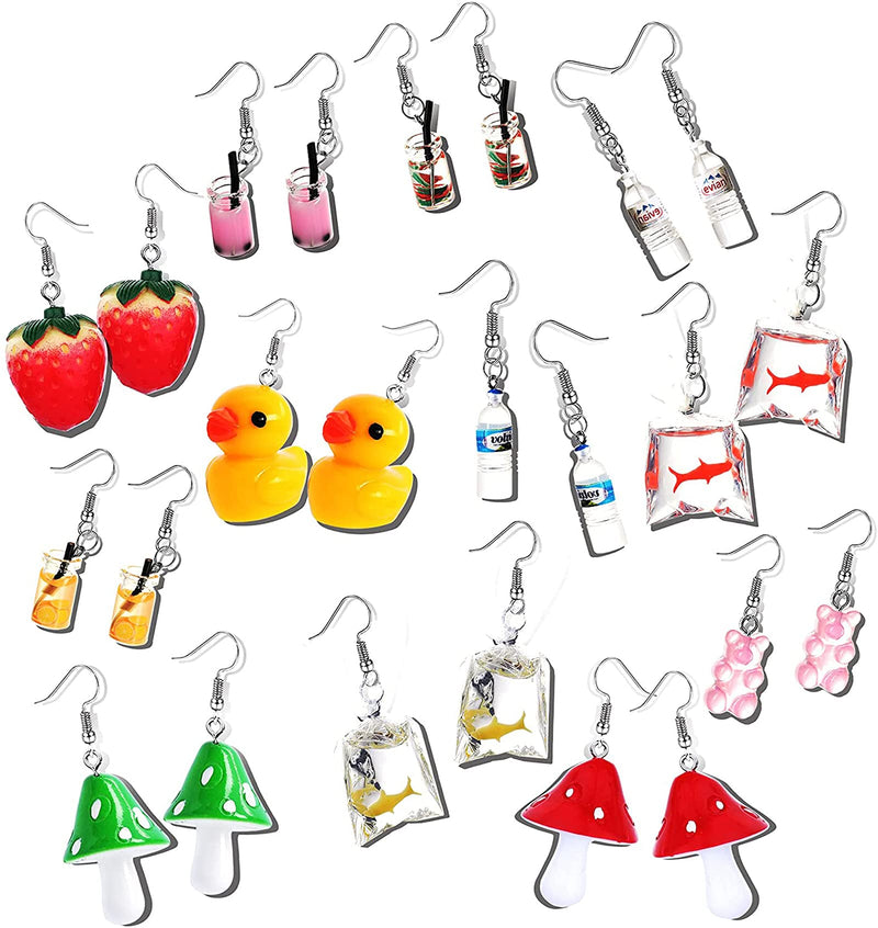 [Australia] - CASSIECA 12 Pairs Stainless Steel Ear Hook Resin Drop Earrings Cute Boba Duck Mushroom Kawaii Aesthetic Earrings for Women Girls Teens Jewelry Eardrop Cute Earrings Novelty Earrings Set 