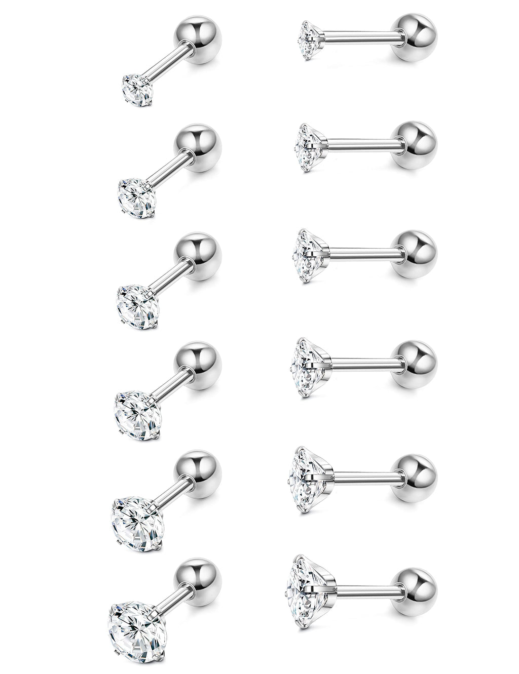 [Australia] - MILACOLATO 6 Pairs 18G Stainless Steel CZ Stud Earrings for Women Men Cartilage Helix Earrings Set Round Cubic Zirconia Screwback Flat Ball Back Stud Ear Piercing Ball-Silver 