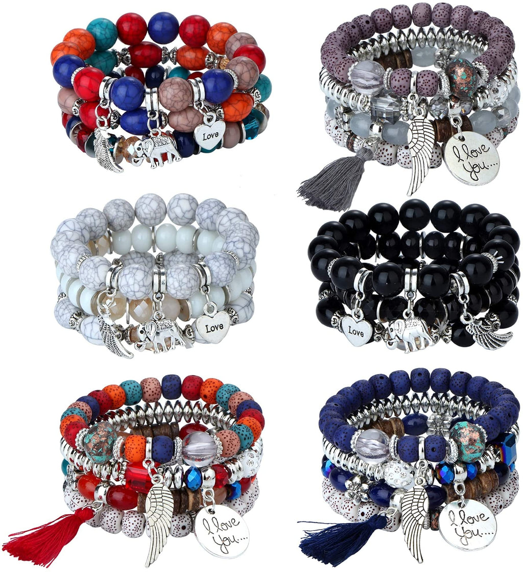 [Australia] - LOLIAS 6 Sets Bohemian Stackable Bead Bracelets for Women Men Stretch Multilayered Bangles Bracelet Set Boho Multicolor Jewelry 