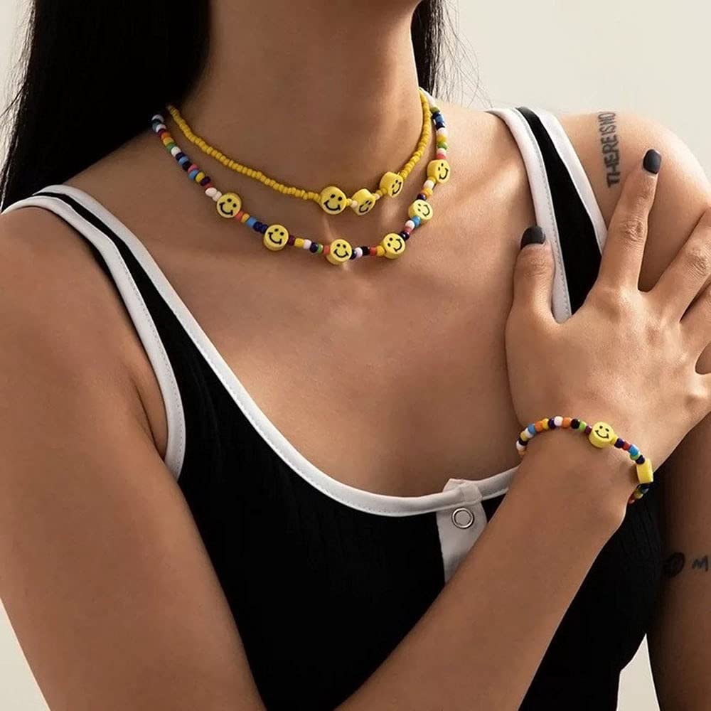 [Australia] - Sttiafay 3 Piece Smiley Face Jewelry Set Colorful Stretch Beaded Choker Necklace Bead Collar Chain Smiley Happy Face Charm Bracelets Gifts for Women and Teen Girls 