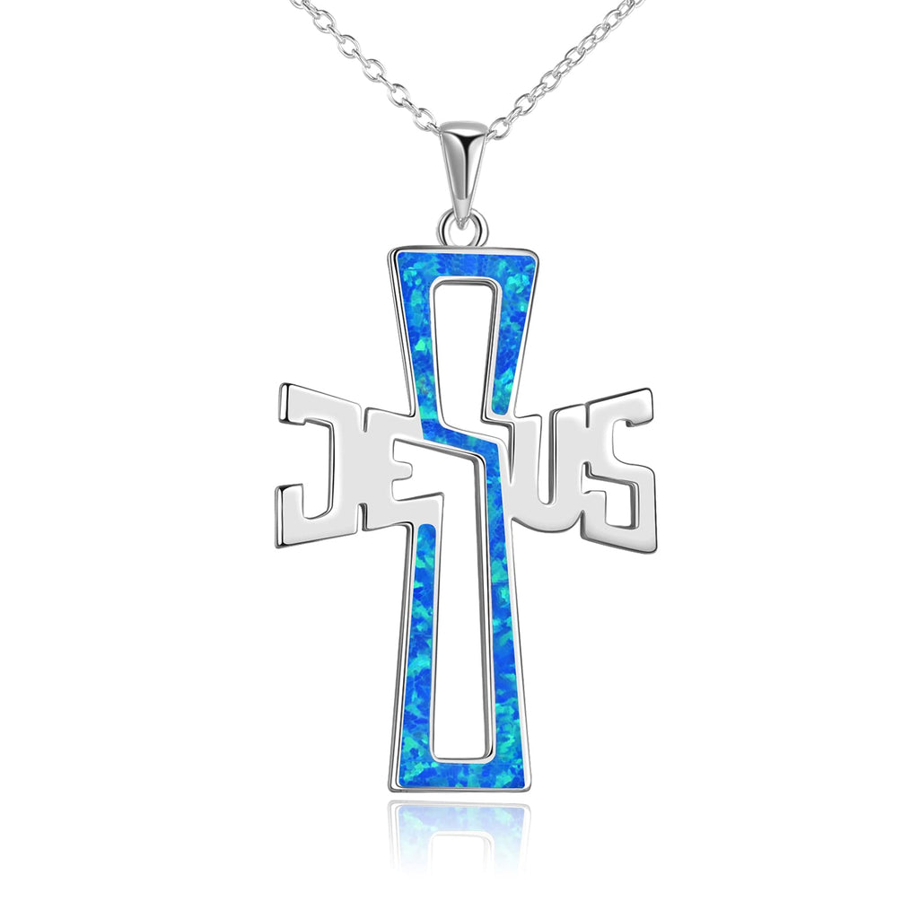 [Australia] - YFN Cross Necklace Sterling Silver Created Opal Jesus Pendant Jewellery Gifts for Women Men 
