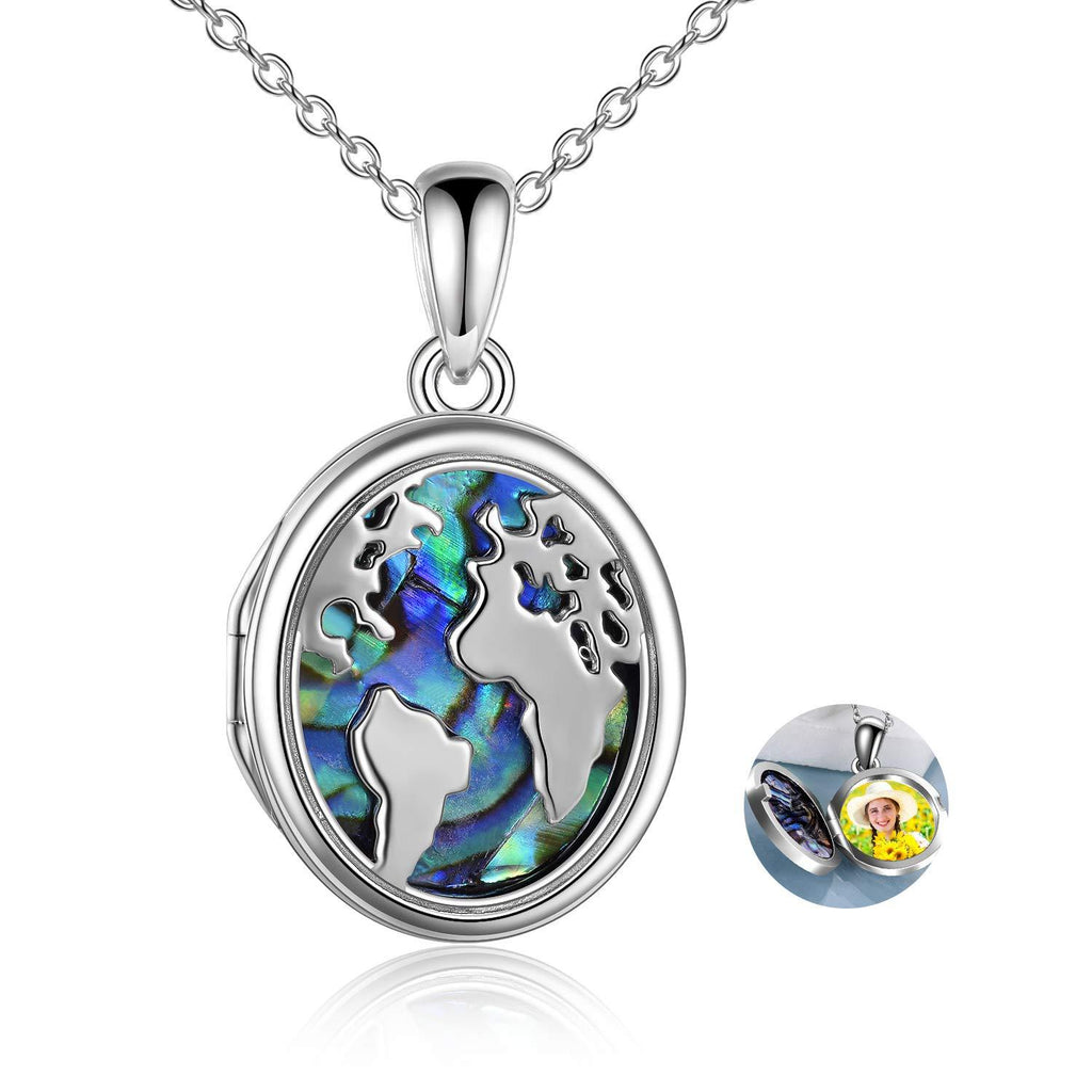 [Australia] - World Map Locket Necklace That Holds Pictures 925 Sterling Silver Oval World Travel Map Necklace Gifts for Women 