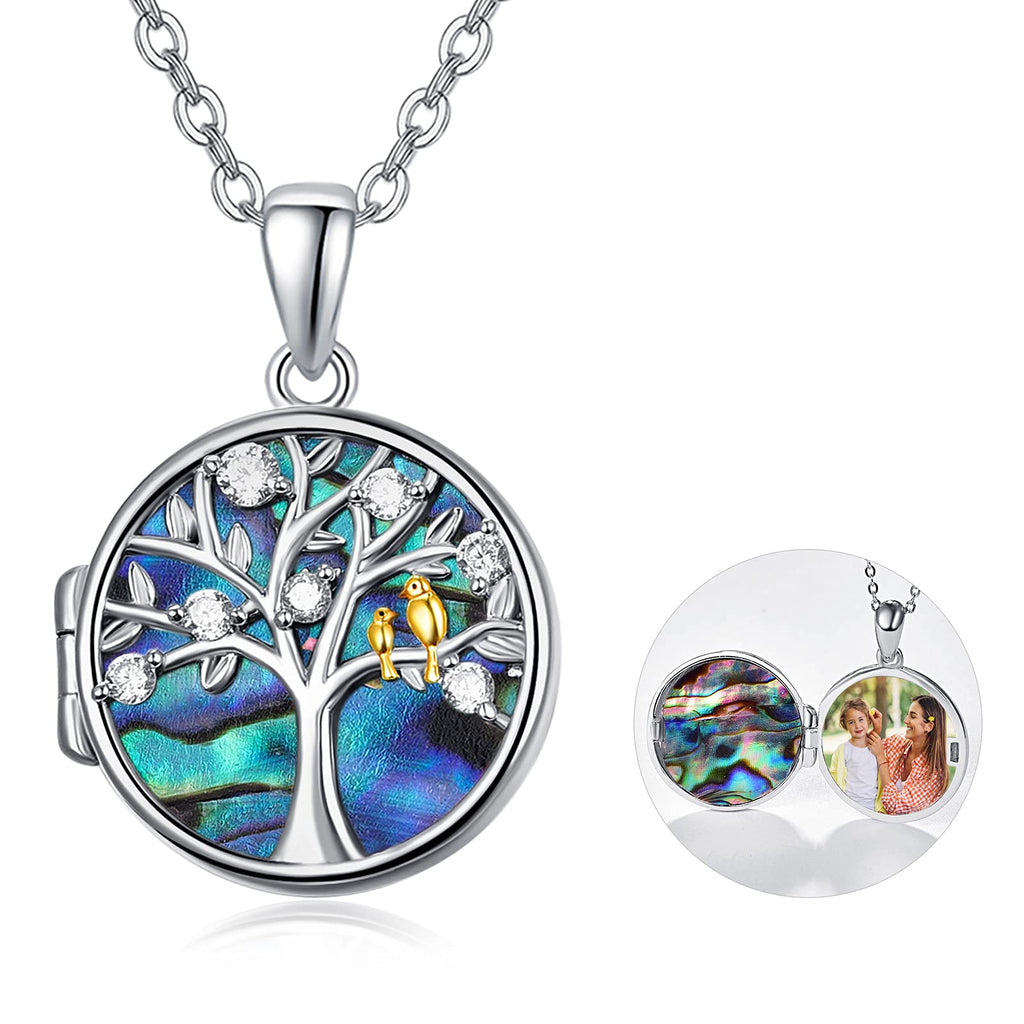 [Australia] - Locket Necklace 925 Sterling Silver Tree of Life Locket Necklace That Holds Picture Photo Lockets Pendant with Abalone Gift for Women Mom Daughter Grandmother Family D 