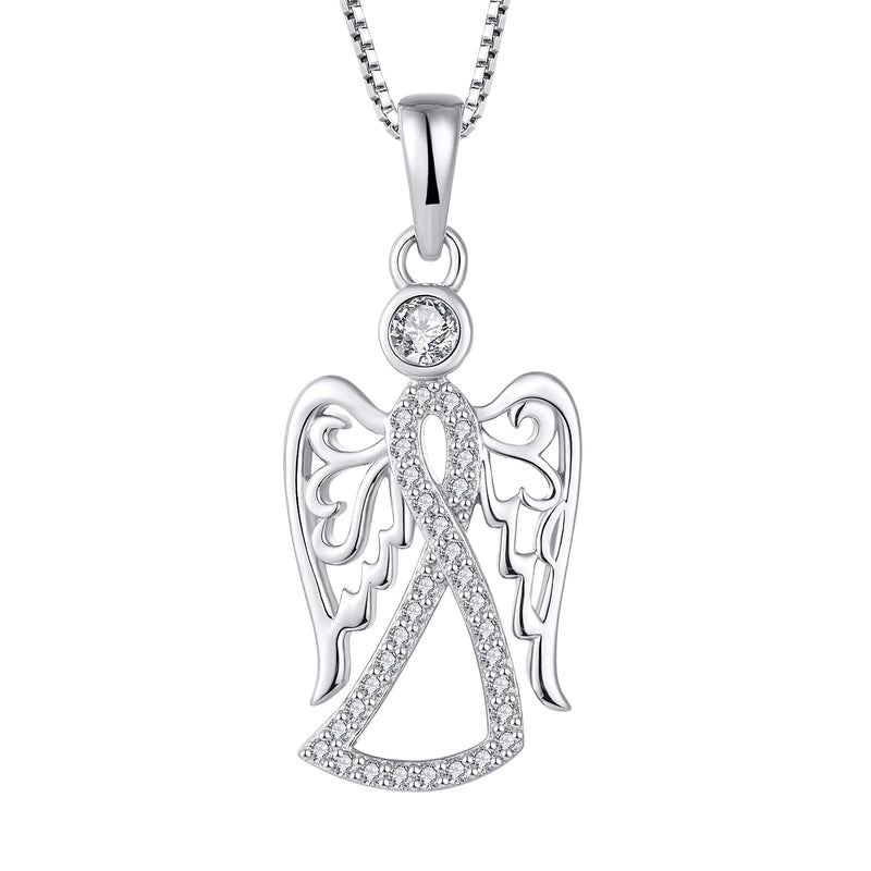 [Australia] - FJ Guardian Angel Necklace 925 Sterling Silver Angel Pendant Necklace with Cubic Zirconia Jewellery Gifts for Women Girls 