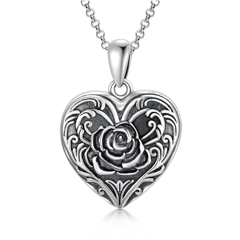 [Australia] - SOULMEET 925 Sterling Silver Heart Shaped Locket Necklace That Holds Picture Photos Rose Flower Pendant Necklace for Women Girls 