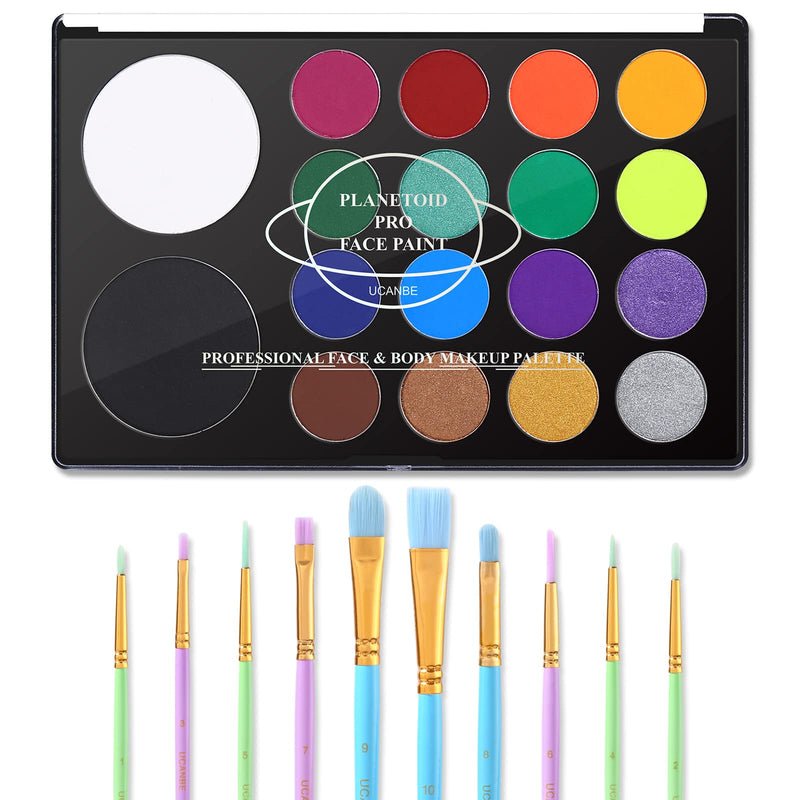 [Australia] - UCANBE Face Paint Kit + 10pcs Paint Brush Water Activated Body Paint SFX Makeup Palette for Cosplay Halloween Black White Face Painting Kits for Adults Matte Neon Special Effects Makeup Kit 