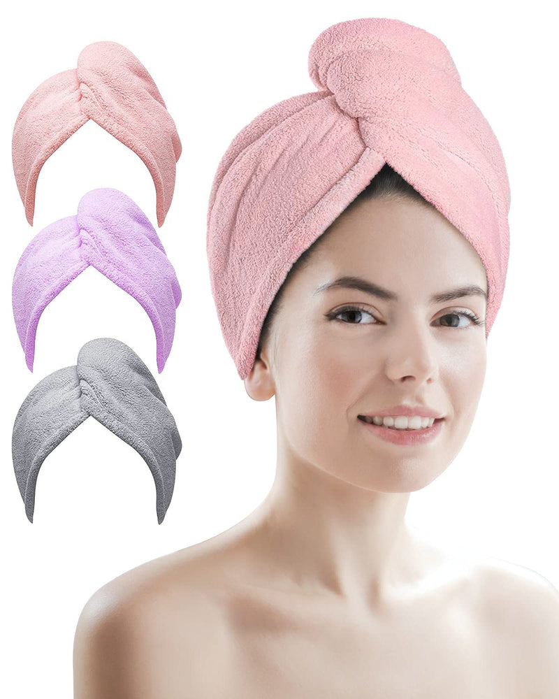 [Australia] - Microfibre Hair Towel, 3 Pack Super Absorbent Hair Towel Wrap with Button Design. Extremely Soft Hair Wrap Towel, Traveling, Beach Excursions, Sports, Grey/ Pink/ Purple Microfibre Towel Grey & Pink & Purple 