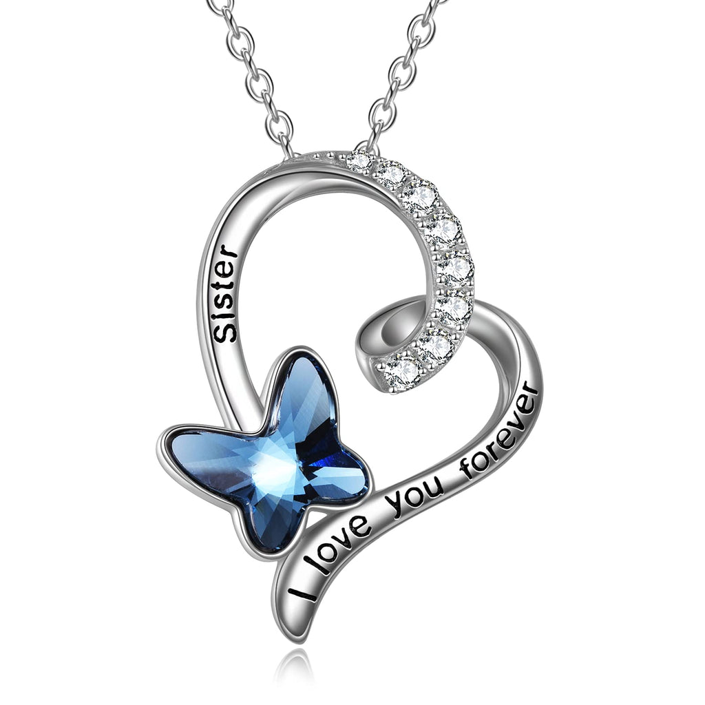 [Australia] - YFN Sister Gifts for Sister Birthday S925 Sterling Silver Sister I Love You Forever Pendant with Blue Butterfly Crystal Heart Necklace Valentine's Christmas Gifts for Women Girls 
