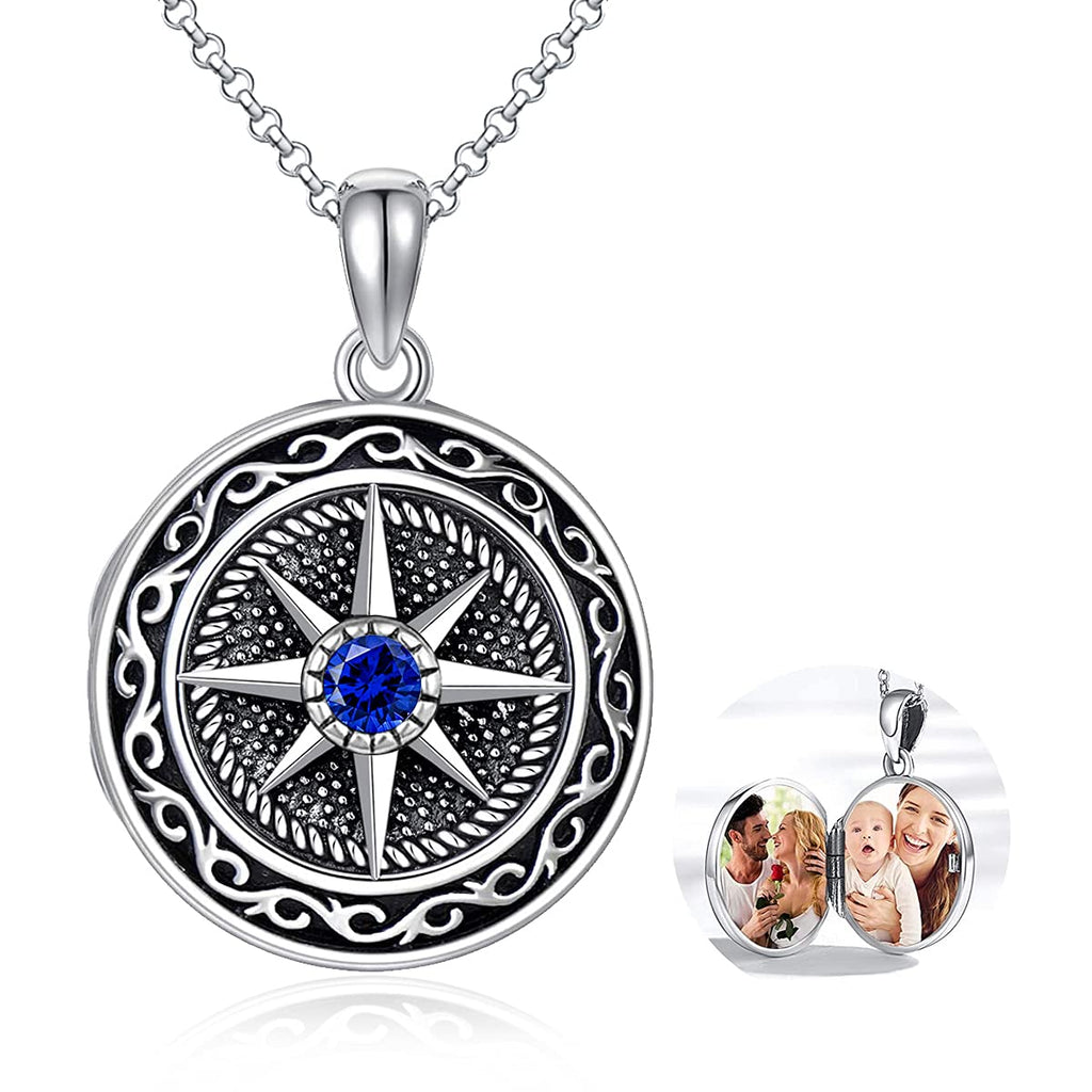 [Australia] - VONALA 925 Sterling Silver Celtic Compass Locket Necklace for Women Men- September Birthstone Sapphire 