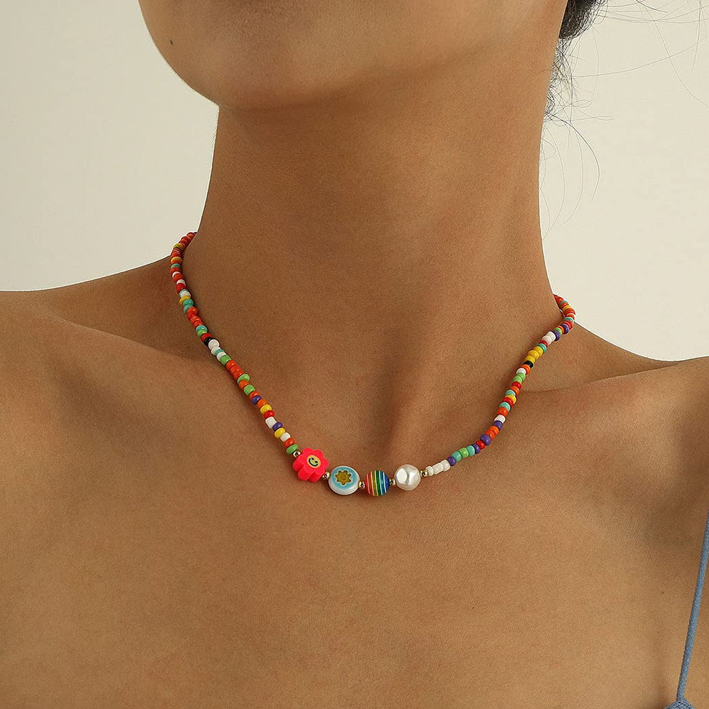 [Australia] - Ushiny Boho Beaded Necklace Multi-colored Flower Pearl Necklaces Vintage Bead Necklace Jewelry for Women and Girls 