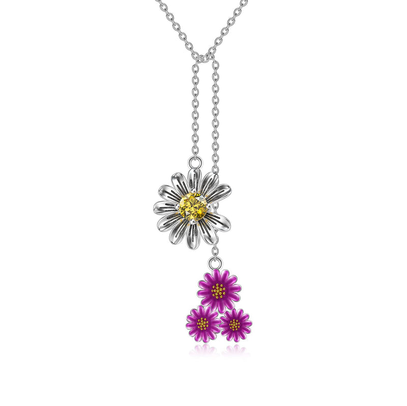 [Australia] - Daisy Sunflower Necklace Long Lariat Flower Pendant Necklace Sterling Silver Jewellery for Women Girls Ladies Mum Sisters 