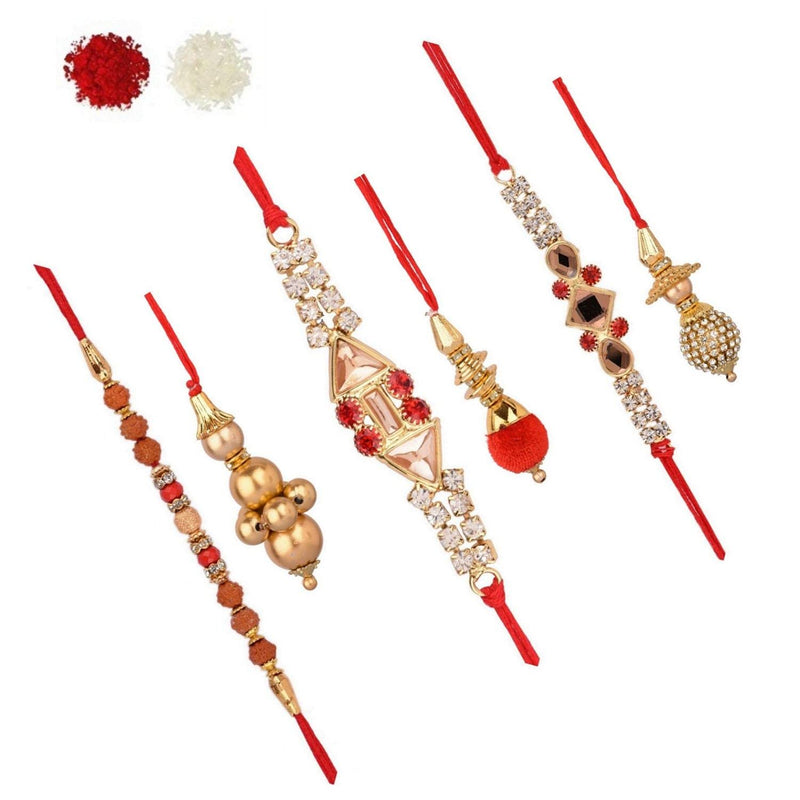 [Australia] - Efulgenz Rudraksh Rakhi Indian Faux Pearl Thread Rakhis for Brothers with Chain Charm Bracelet Gift for Sister Bhabhi (Set of 9) Style 4 