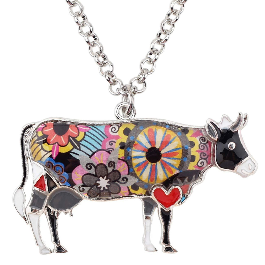 [Australia] - NEWEI Enamel Cattle Cow Necklace Pendant for Women Girls Charms Cattle Necklace Jewelry Black 