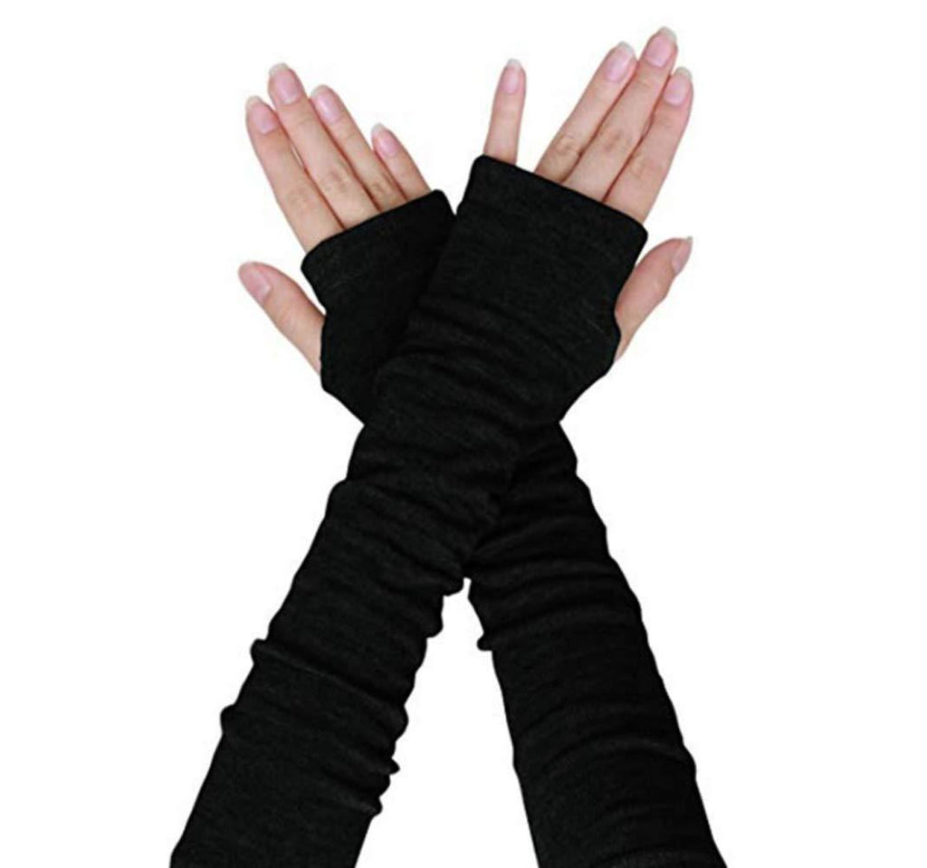 [Australia] - Unisex Knit Arm Warmer Oversleeve Thin Stretchy Fingerless Gloves Thumb Hole Stretchy Gloves Arm Sleeve Elbow Length Gloves Mittens(Classic Black) 