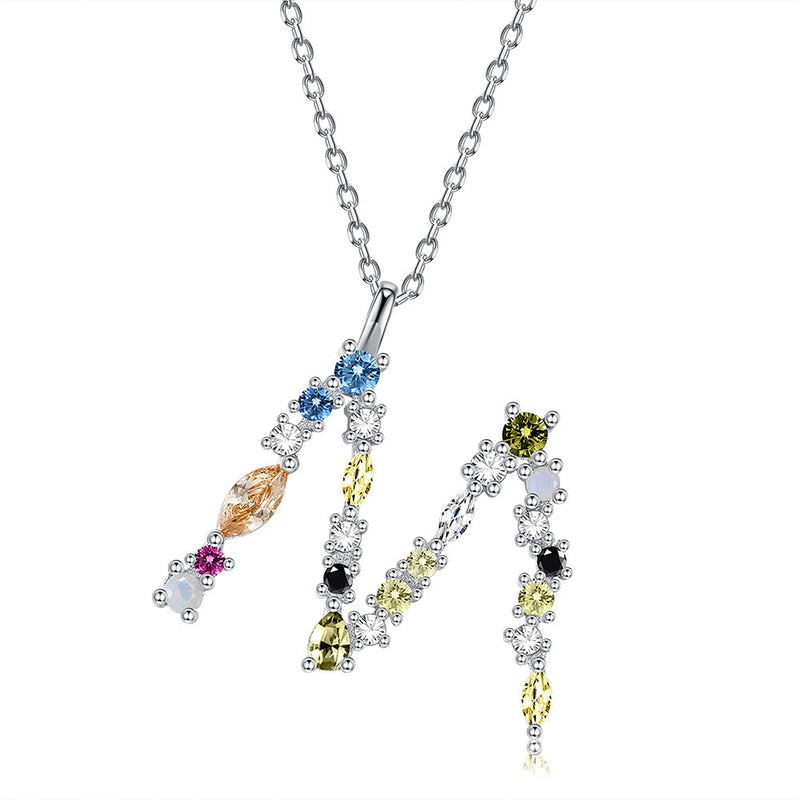[Australia] - KristLand 925 Sterling Silver White Gold Plated Girl Women Initial Letter Pendant Prong Cubic Zircon, Opal, Personalized Necklace Birthday/Jewelry Gifts for Mum Wife Lover M Silver Color 