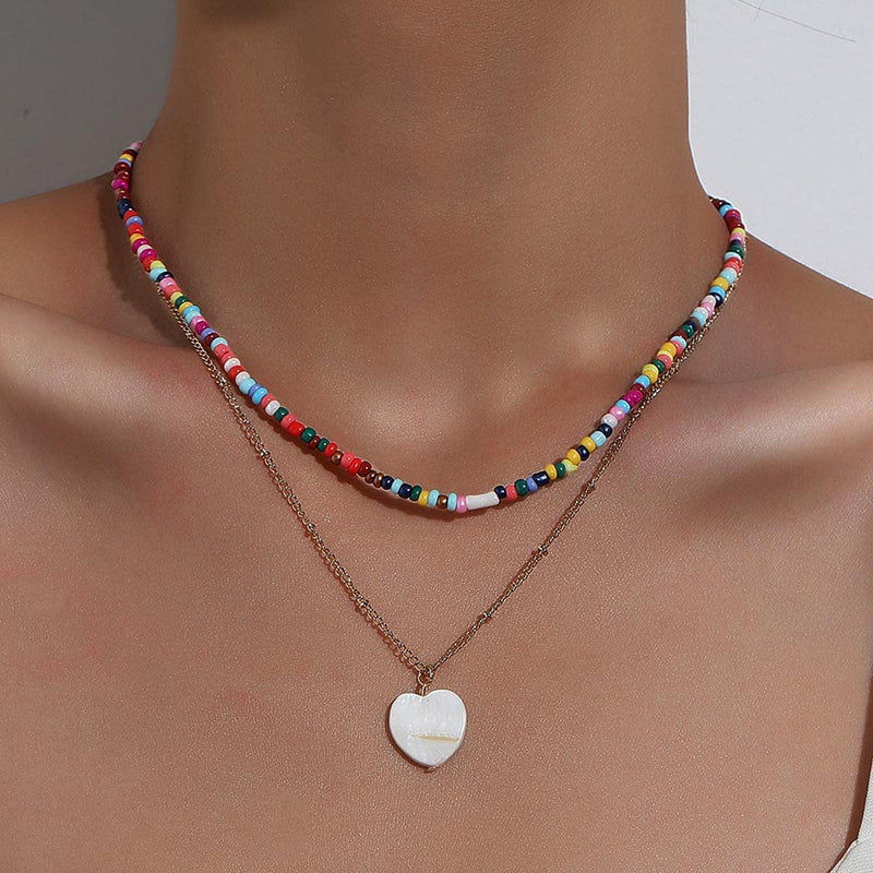 [Australia] - Ushiny Boho Beaded Necklaces Gold Heart Pendant Necklaces Colorful Layered Necklace Jewelry for Women and Girls 