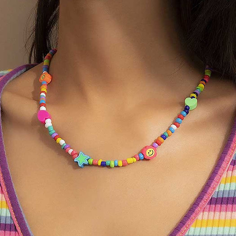 [Australia] - Ushiny Boho Beaded Necklaces Colorful Star Heart Necklace Vintage Flower Necklaces Jewelry for Women and Girls 