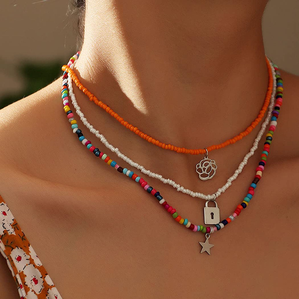 [Australia] - Ushiny Boho Beaded Necklaces Layered Star Pendant Necklace Locky Flower Necklace Chain Jewelry for Women and Girls 