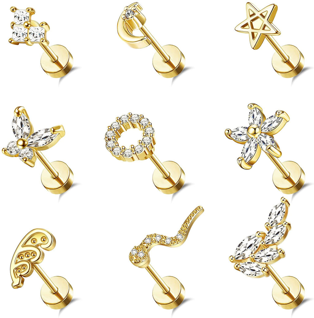 [Australia] - LOLIAS 9PCS 18G Cartilage Earrings Stud for Women Stainless Steel Conch Helix Tragus Daith Piercing Jewelry Cute CZ Flat Back Earrings Set Hypoallergenic Piercing Silver/Gold/Rose Gold/Black Tone B-gold 