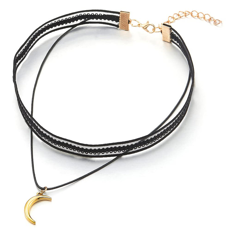 [Australia] - COOLSTEELANDBEYOND Ladies Black Lace Tattoo Choker Necklace with Gold Color Polished Crescent Moon Charm Pendant 
