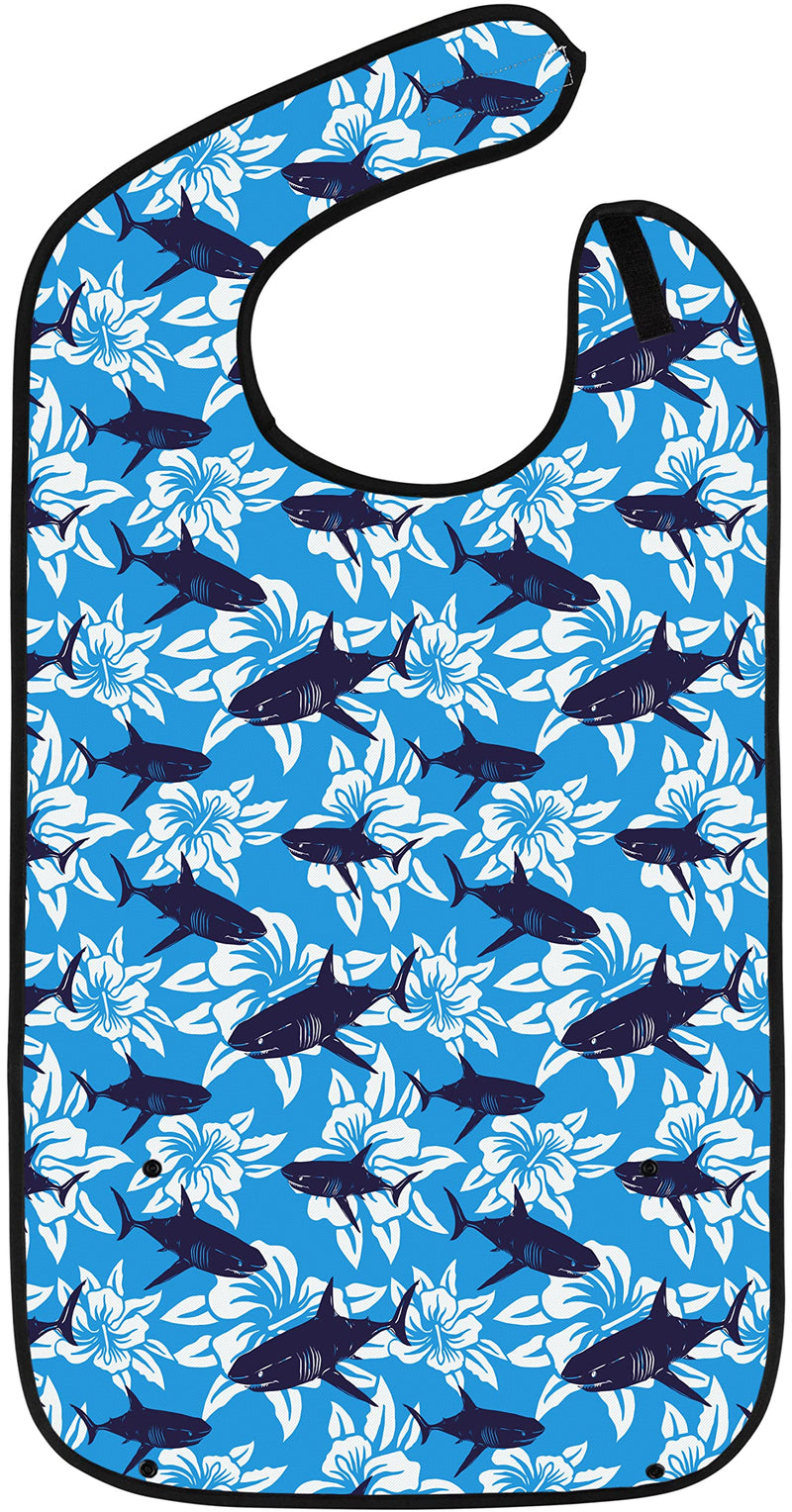 [Australia] - Adult Bibs for Eating: Reusable Adult Size Bib for Men and Women - Washable Clothing Protector with Crumb Catcher Pocket - Hawaiian Shark Edition 