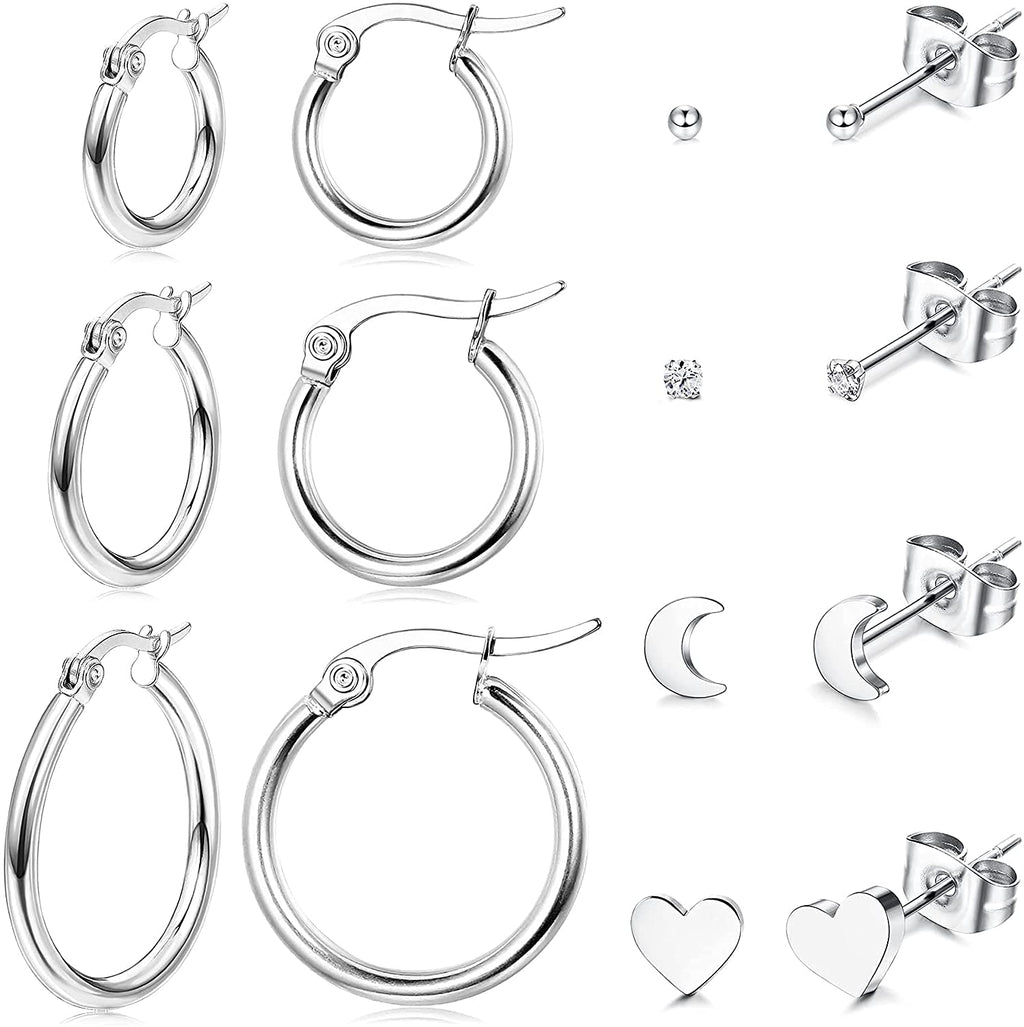 [Australia] - Milacolato 7Pairs Small Hoop Earrings Tiny Cartilage Earring CZ Moon Heart Mini Hoops Earrings Piercing for Women Girls Silver 
