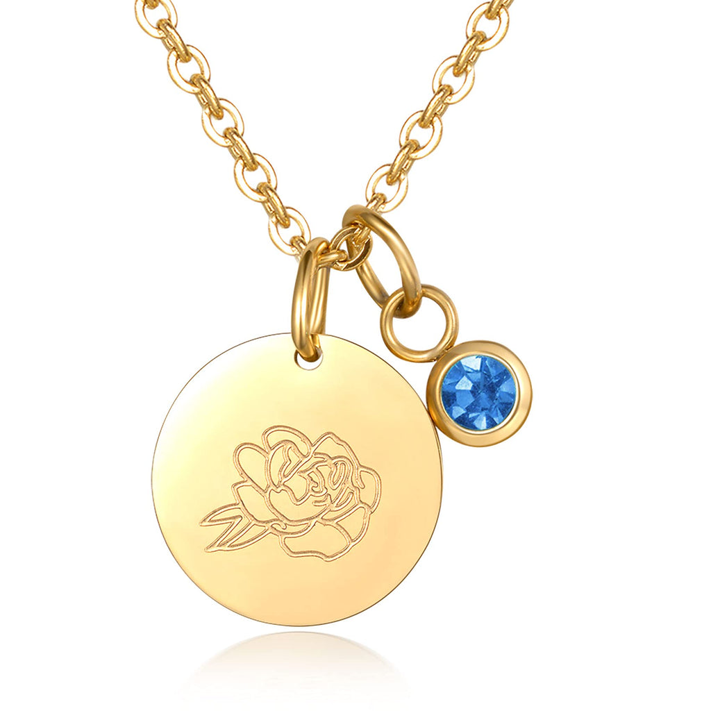 [Australia] - Birth Month Flower Necklace Birthday Gifts for Women - Round Disc Charm Birthstone Necklace | Dainty Gold Engraved Floral Pendant Necklaces for Teen Girls Best Friend, 18"+2"(with Gift Box) 09-Sep-Peony & Sapphire 