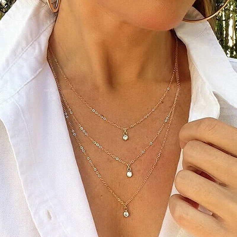 [Australia] - Yheakne Boho Layered Crystal Necklace Gold Rhinestone Pendant Chain Necklace Vintage Multi Strand Necklace Chain Jewelry for Women and Teen Girls 