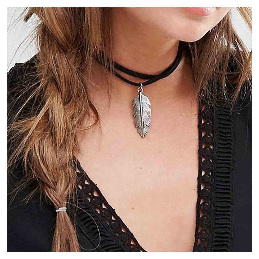[Australia] - Yheakne Boho Layered Leather Choker Necklace Silver Leaf Pendant Necklace Black Velvet Suede Necklace Vintage Necklace Chain Jewelry for Women and Teen Girls (With Leaf) With Leaf 
