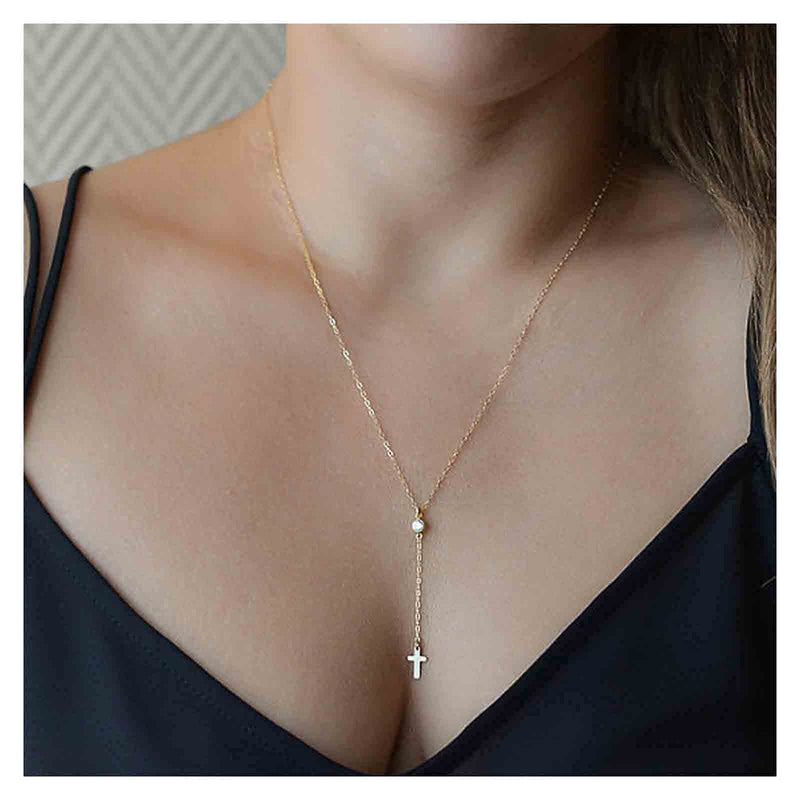 [Australia] - Yheakne Rhinestone Cross Pendant Necklace Gold Y Lariat Necklace Chain Vintage Minimalist Necklace Religious Jewelry for Women and Girls (With crystal) With crystal 