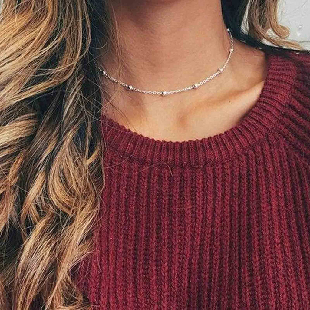 [Australia] - Yheakne Boho Beaded Choker Necklace Silver Station Ball Necklace Satellite Chain Choker Skinny Minimalist Necklace Jewelry for Women and Teen Girls (Silver) 