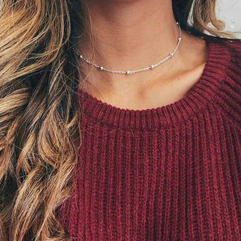 [Australia] - Yheakne Boho Beaded Choker Necklace Silver Station Ball Necklace Satellite Chain Choker Skinny Minimalist Necklace Jewelry for Women and Teen Girls (Silver) 